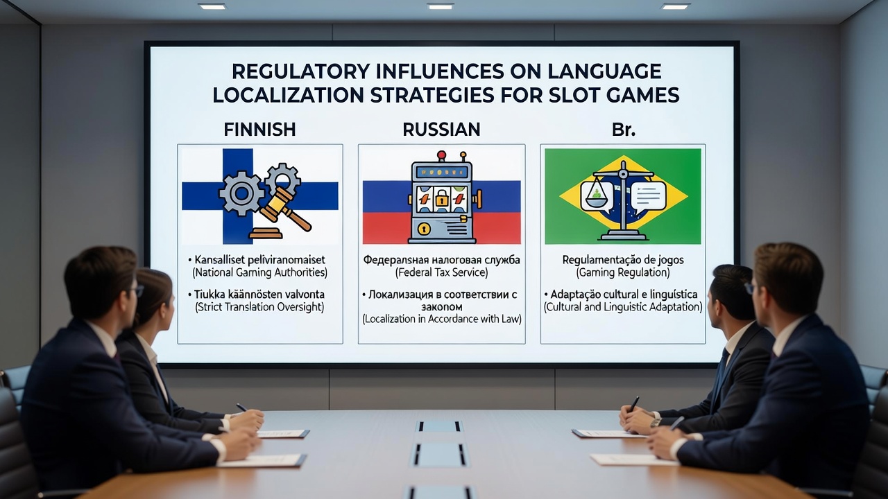 Slot game localization process showing text adaptation across Finnish, Russian, and Asian language interfaces